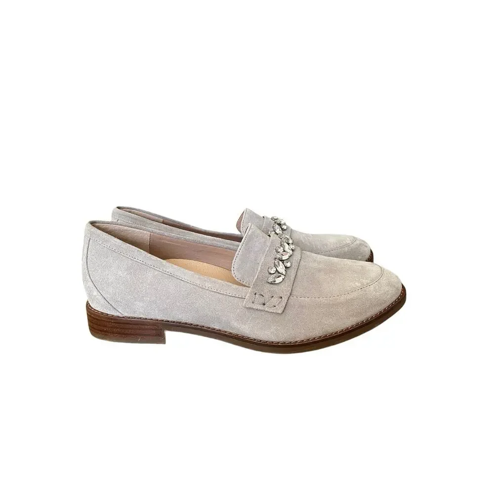 Vionic Light Gray Suede Avvy Bejeweled Rhinestone Loafers size 8
